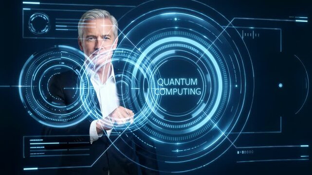 Businessman interacting with quantum computing hologram. Mature man using futuristic digital interface for data analysis. Innovative technology and business concept.
