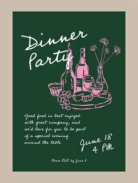 A Dinner Party invitation template featuring bold white script on deep forest green, with vibrant pink hand-drawn illustrations of wine, cheese, and wildflowers. Print-ready and beautifully styled.