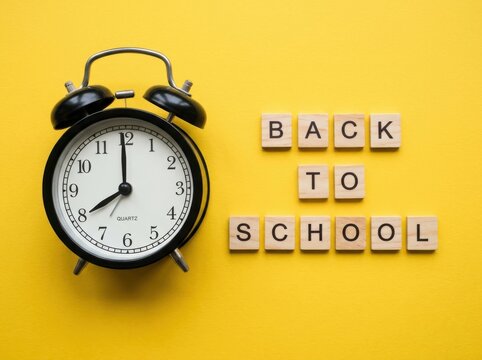 Back to school concept with an alarm clock and wooden letters on a yellow background