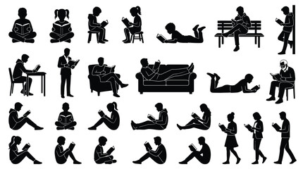 Obraz premium Diverse people reading books in various poses presented as a detailed black silhouette vector illustration set