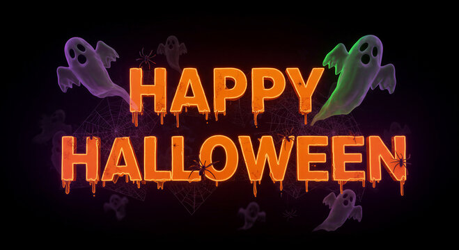 Happy Halloween text with dripping orange letters against dark background. Glowing neon ghosts and spider web decoration. Occult celebration graphic design for seasonal holiday banner