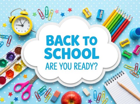 Back to school are you ready message with school supplies on blue background