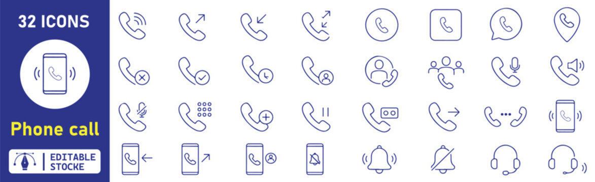 32 Phone Call Vector Outline Icons Set &ndash; Communication, Mobile Calling, Contact and Telephony Line Symbols Collection