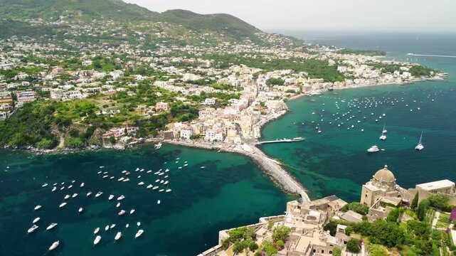 Aerial drone view of Aragonese Castle on Ischia island