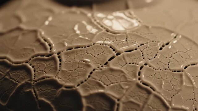 Macro slow rotation of glossy ivory crackle glaze ceramic texture under warm spotlight