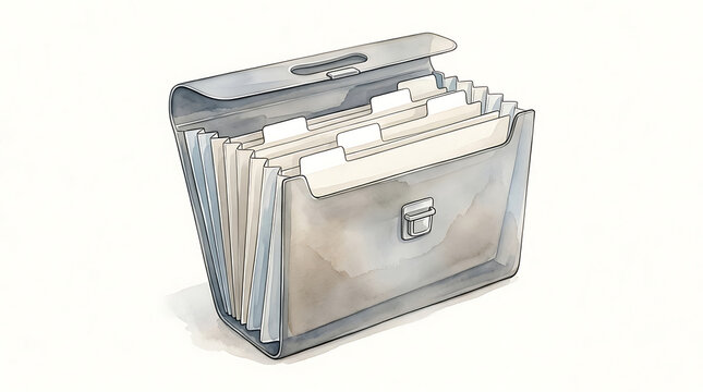Gray plastic expanding file folder with multiple dividers and metal clasp on white background
