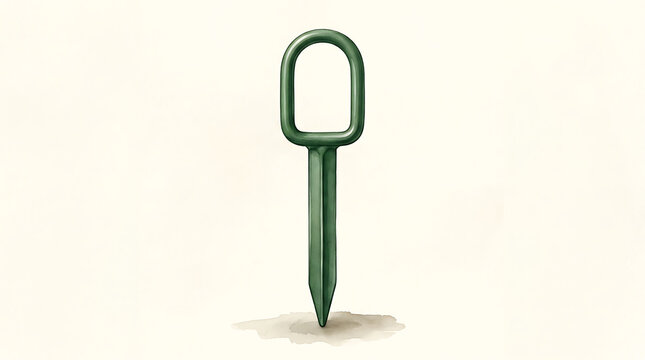 Single green metal ground anchor stake for securing outdoor equipment or garden structures