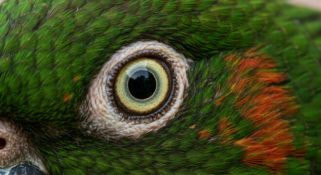 Close-up macro shot of an Amazon parrot eye. Detailed view of vibrant green plumage feathers and iris texture. Wildlife photography showing avian ocular anatomy and skin surface pattern