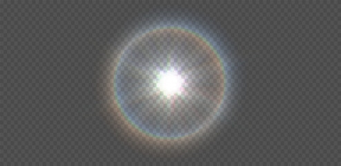 Fototapeta premium Sun light lens flare spectral chromatic aberration overlay isolated on transparent background. Glow translucent sunlight special lens flare vector light effect. Blur flash rays abstract star burst