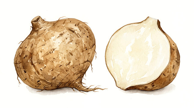 Watercolor of a whole jicama root vegetable beside a sliced half showing white flesh