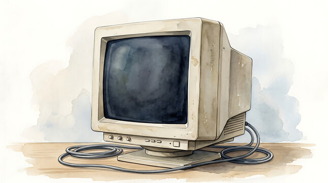 Vintage beige desktop computer monitor with thick cables resting on a wooden surface