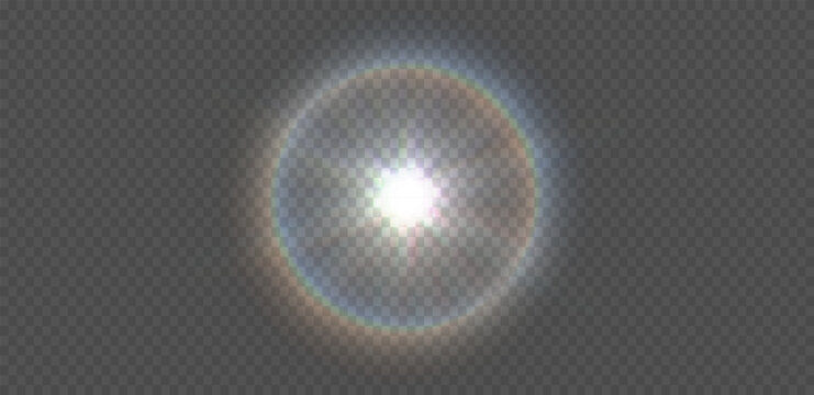 Sun light lens flare spectral chromatic aberration overlay isolated on transparent background. Glow translucent sunlight special lens flare vector light effect. Blur flash rays abstract star burst