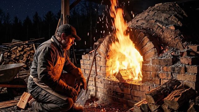 Tracking shot of man stoking wood fired brick oven at night in forest workshop with flying sparks, glowing embers, stacked wood and rustic homestead atmosphere