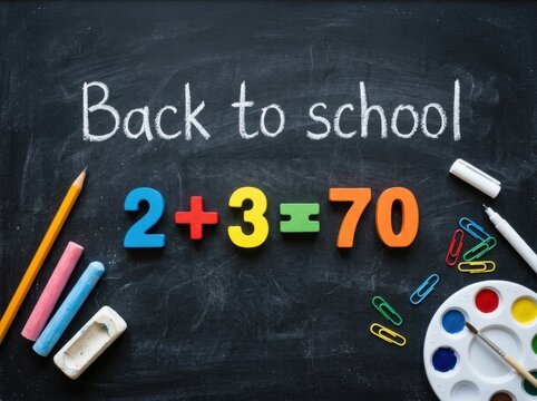 Back to school chalkboard background with math equation 2 plus 3 equals 70