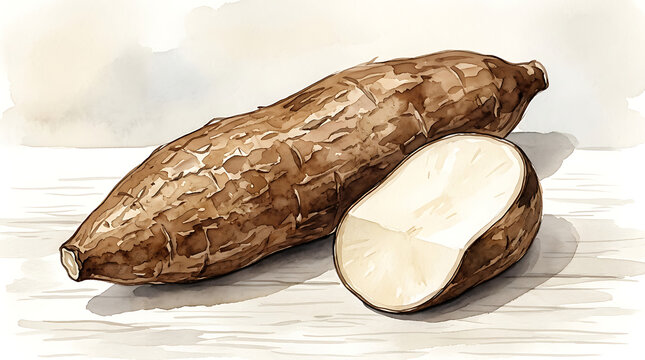 Whole brown cassava root vegetable with a sliced piece showing white flesh on wooden surface