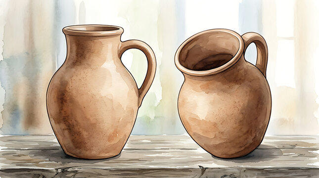 Two rustic clay pitchers sitting on a weathered wooden table with a soft watercolor background