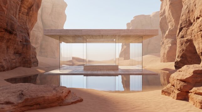 Modern glass and stone podium structure floating on calm water inside massive desert rock formation cave.