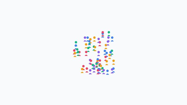 Abstract animation of colorful people icons coming together to form a community.