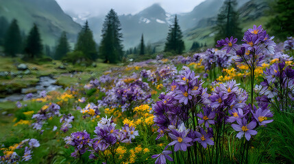 Fototapeta premium Fresh alpine flower meadow colorful purple blossoms natural landscape botanical beauty Image illustration