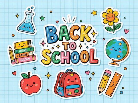 Back to school cute sticker set with school supplies and happy faces