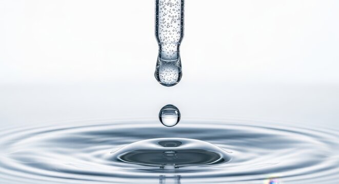 A macro shot showing a pipette releasing a single drop of shimmering colloidal silver into clear water against a bright clinical background, clear, liquid, essence