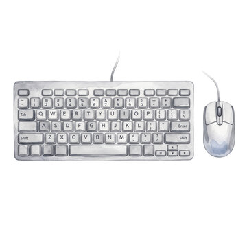 Watercolor illustration of a computer keyboard and mouse on transparent background with isolated elements transparent