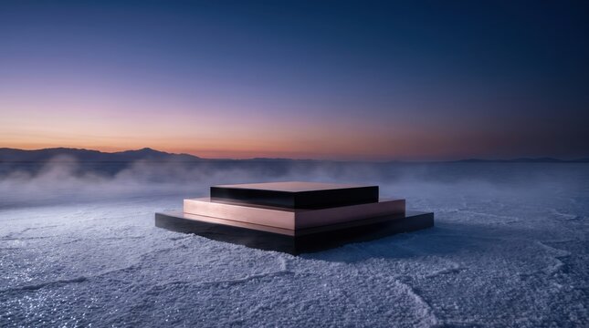 Black and metallic bronze layered pedestal on white salt flats landscape at twilight purple sunset sky.