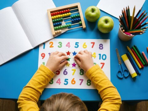 Childs hands placing star stickers on a number chart at a desk with school supplies