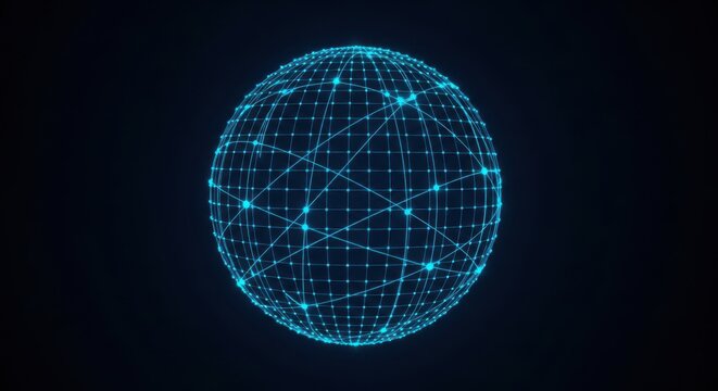 Abstract digital map visualization showing glowing blue navigation lines and grid points on a dark background representing global tracking, grid, global, vector