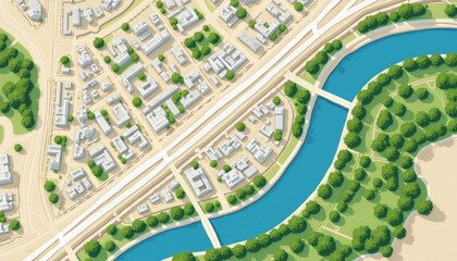 Fototapeta premium Top view of city map with urban buildings roads highway, river flowing through green park zone. Modern town layout showing residential architecture infrastructure navigation paths, geography terrain