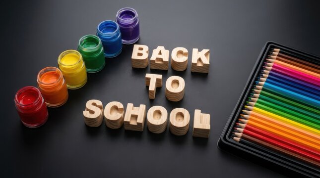 Back to school supplies with wooden letters, colorful paint jars and pencils on black background