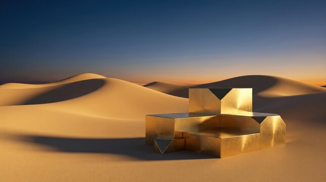 Golden geometric stage and cubes in vast desert dunes at sunset golden hour.