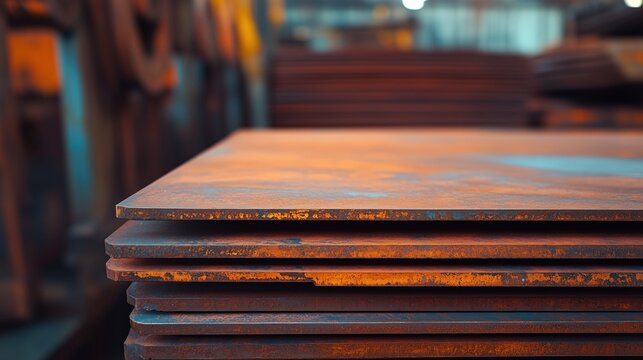 Stacked rusted metal sheets with oxidized orange edges and worn blue patina in a workshop setting with blurred background and copy space.