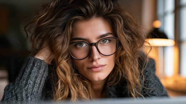 Female freelancer portrait working on a laptop in a cozy modern home office, focus on the screen, soft window light, authentic interior, high-end lifestyle photography, copy space on the desk