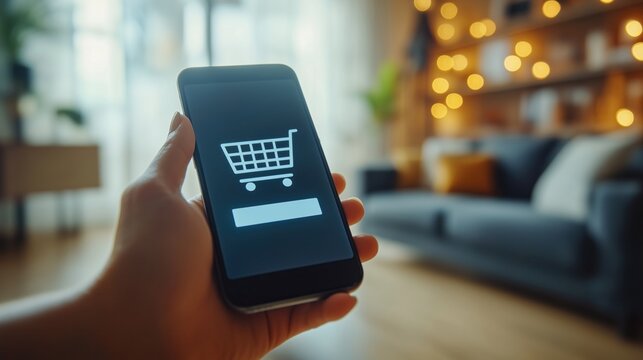 Hand holding smartphone with a shopping cart icon and checkout bar over a blurred living room background, illustrating mobile shopping and online payment.