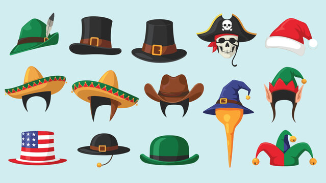 Extensive collection of diverse hats for various occasions, including festive Santa hats, pirate hats, sombreros, cowboy hats, and elf hats.