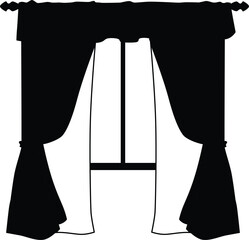 Black silhouette of window curtains on a rod, with a valance and open drapes. © sabelskaya