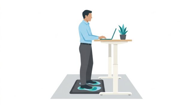 A person stands on an ergonomic mat at a height-adjustable desk while working on a laptop, promoting workplace wellness and injury prevention.