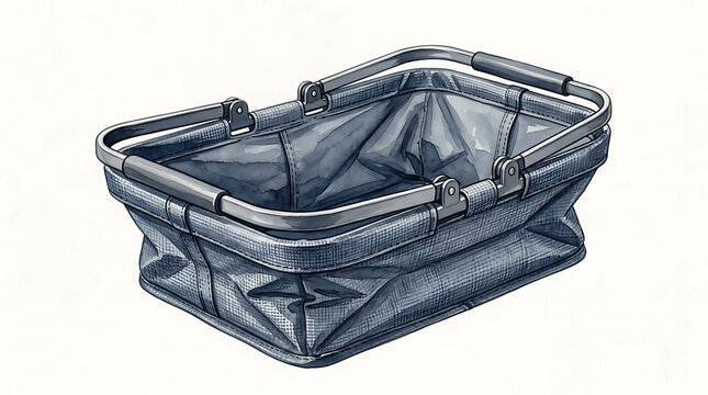 A collapsible grey fabric shopping basket with a metal frame isolated on a plain white background