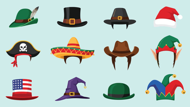 Extensive collection of diverse hats for various occasions, including festive Santa hats, pirate hats, sombreros, cowboy hats, and elf hats.