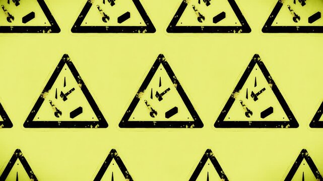 Grungy yellow warning signs with falling tools form an infinite loop pattern.
