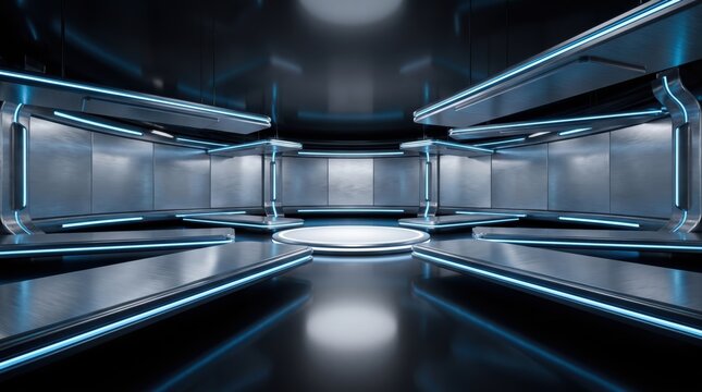 Futuristic stage with glowing blue lights, metal platforms, and a central circular podium.