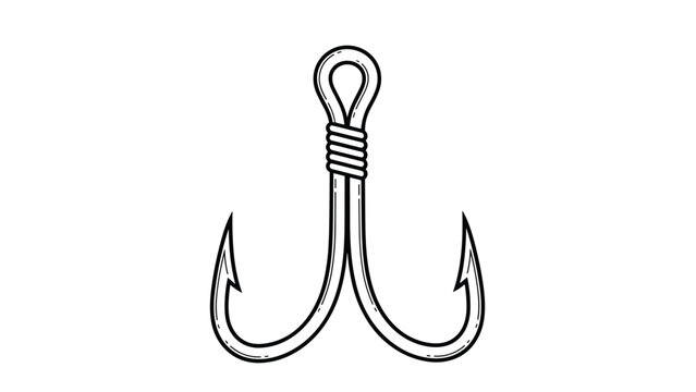 Detailed black and white line art drawing of a double fishing hook, symbolizing angling and outdoor recreation.