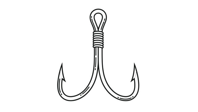 Detailed black and white line art drawing of a double fishing hook, symbolizing angling and outdoor recreation.