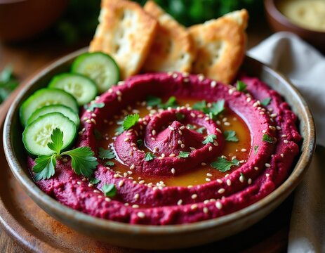 Vibrant pink beet hummus served in round ceramic bowl with fresh green cucumber slices, warm crispy flatbread. Healthy vegan meal topped with organic sesame seeds, aromatic herbs. Delicious