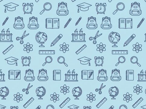 Seamless pattern with school supplies icons on blue background