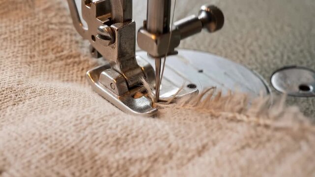 Tracking shot of sewing machine needle stitching frayed burlap fabric across metal plate on work bench in workshop, focused warm indoor craft scene