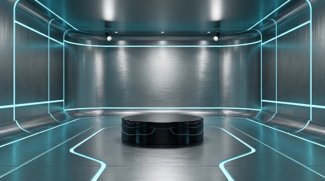 Shiny round black podium in futuristic room with glowing blue light, showroom with metallic background.
