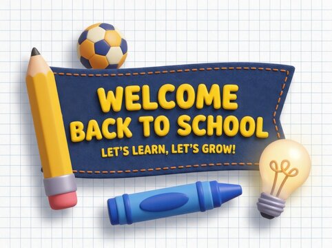 3d render of welcome back to school banner with a pencil, crayon, soccer ball, and lightbulb on a grid background