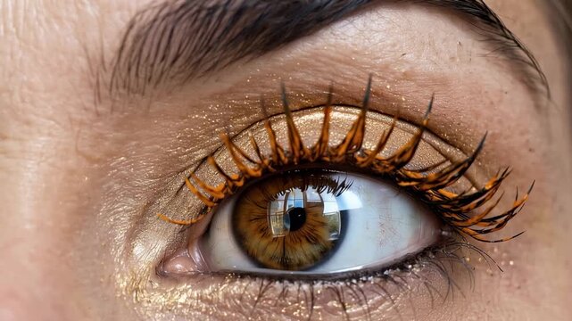Slow tracking pan close up of woman's eyes with gold shimmer makeup and fluttering lashes, subtle blinking and closing in studio beauty setting, intimate cosmetic detail